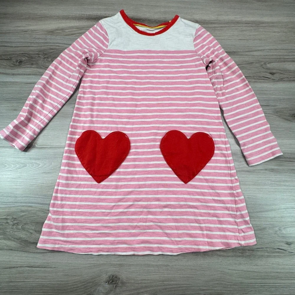Mini Boden Girls Pink White Stripe‎ Heart Pocket Long Sleeve Dress size 8/9